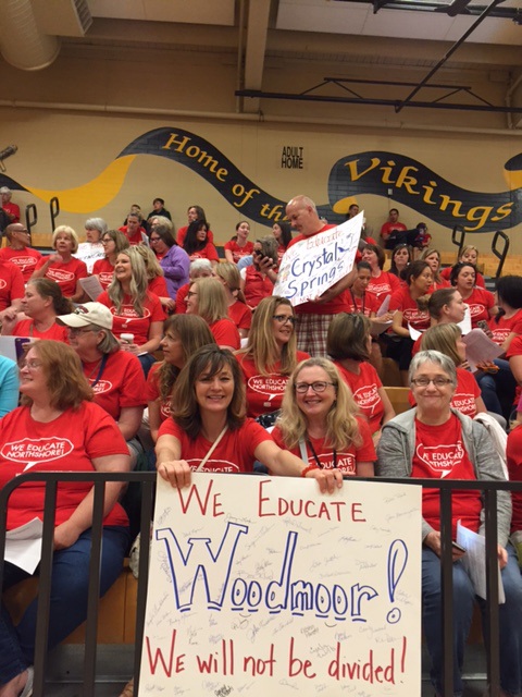 Representatives from Woodmoor Elementary in Bothell attend a Northshore Education Association meeting at Inglemoor High School on Wednesday