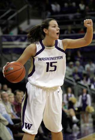 Bothell native Michelle Augustavo runs the court for the University of Washington against Gonzaga this season.