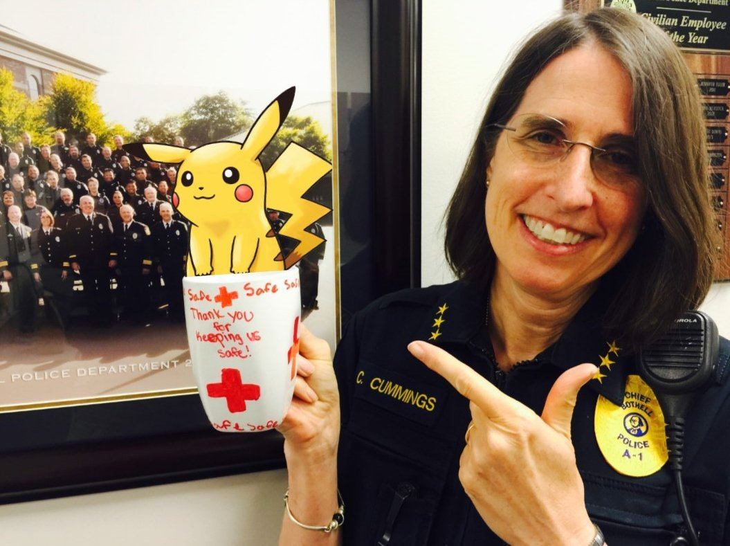 Even Bothell Police Chief Carol Cummings can get down with Pikachu. She advised people to stay aware of their surroundings while playing “Pokemon Go.” Contributed/Bothell Police Twitter