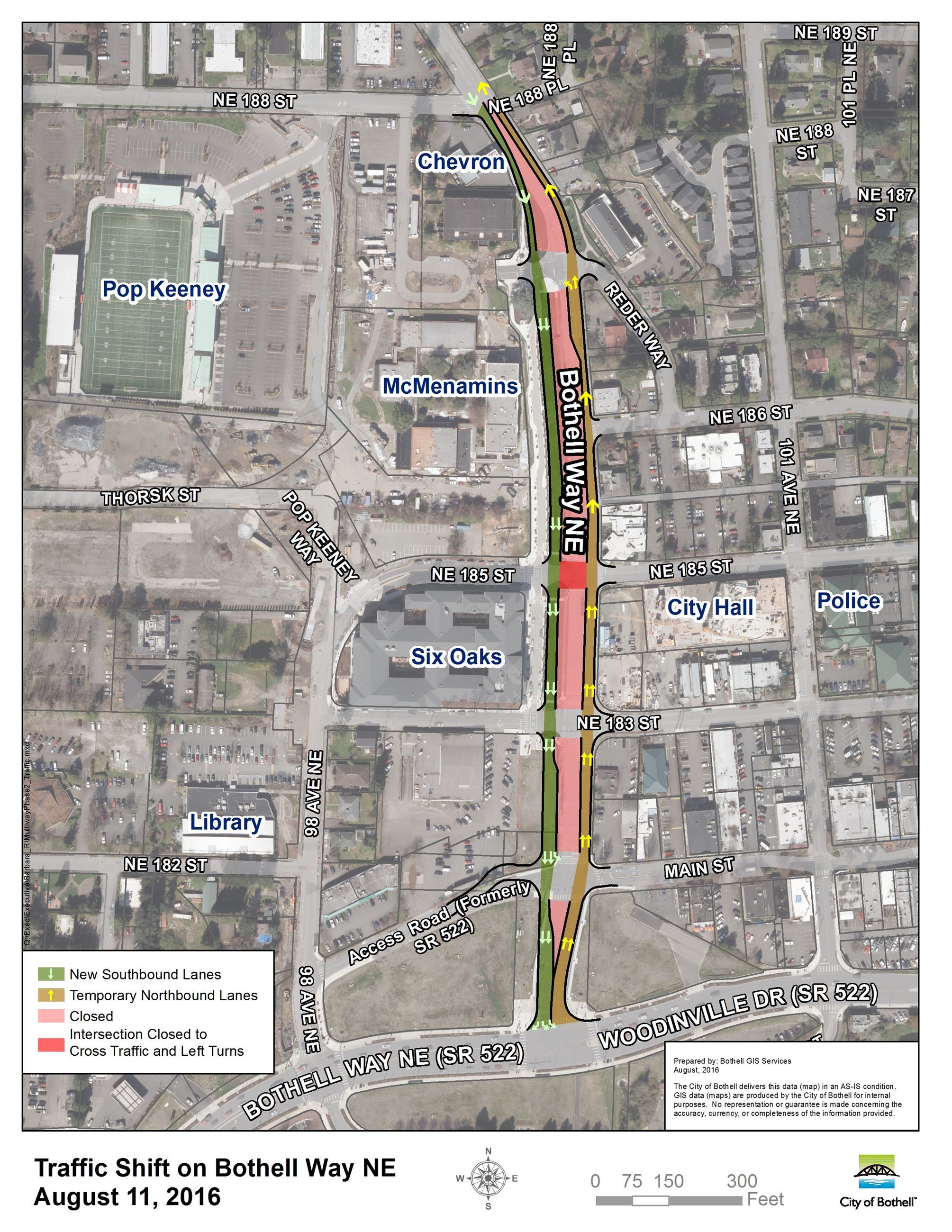 This map shows the traffic shift on Bothell Way Northeast. Contributed art/city of Bothell