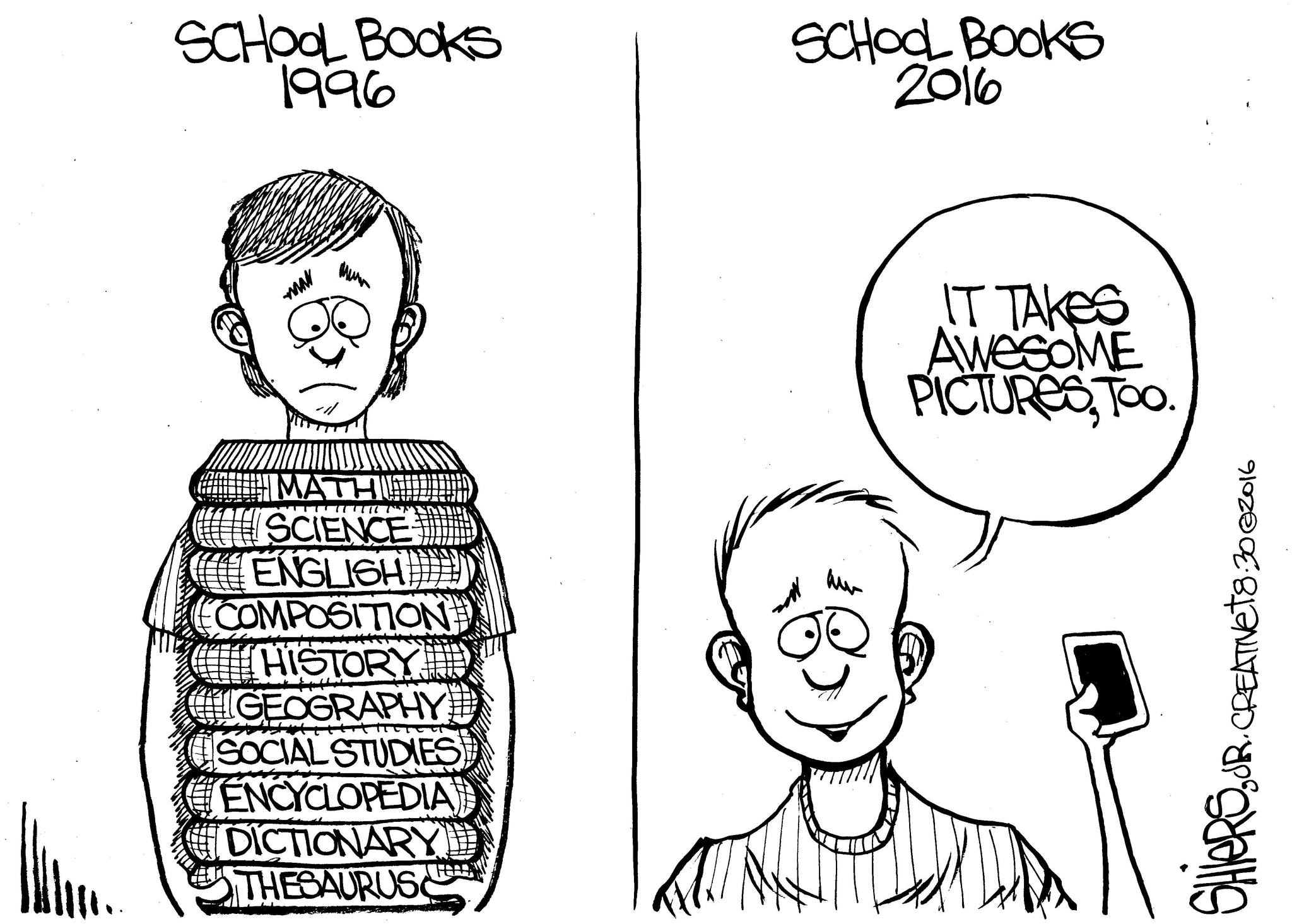 School books in 1996 and 2016 | Cartoon
