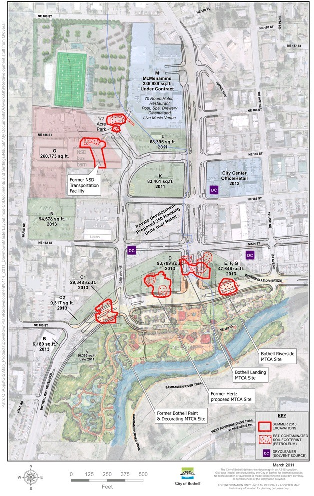 This City of Bothell documents shows former petroleum contamination at the Crossroads sites and the Northshore School District property.