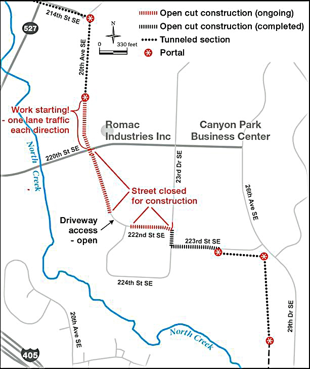 This map from King County shows where construction work will take place near the Canyon Park Business Center in Bothell. Contributed art