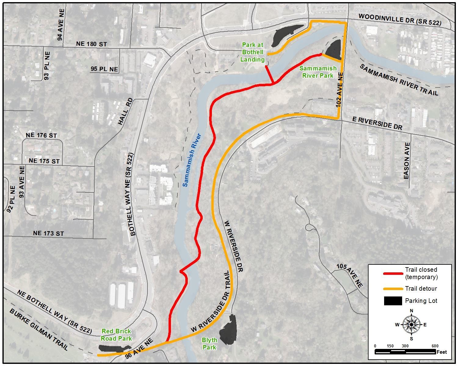 A map shows the detour route due to the closure of the pedestrian bridge at Bothell Landing. Image Credit: City of Bothell