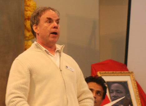 Larry Rider loudly recites part of one of Martin Luther King Jr.’s speeches during an event on Monday at the Ananda Meditation Temple in Bothell.