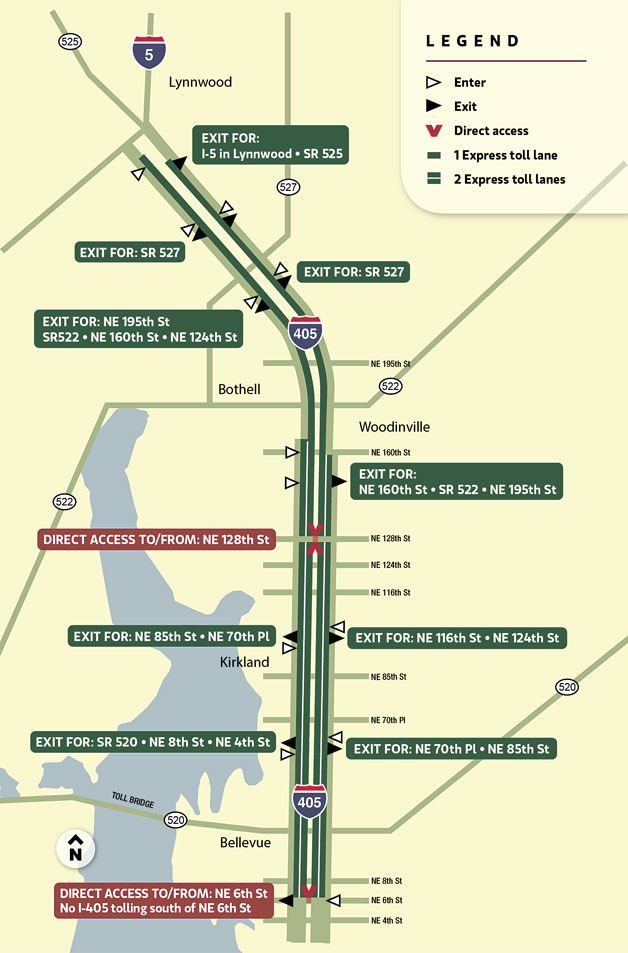 This map shows where drivers can enter and exit express toll lanes on I-405.
