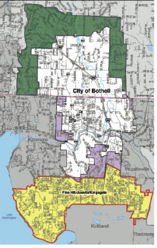 Here’s a map showing the unincorporated neighborhoods that Bothell is considering for annexation. In green is the city’s municipal urban growth area (MUGA)