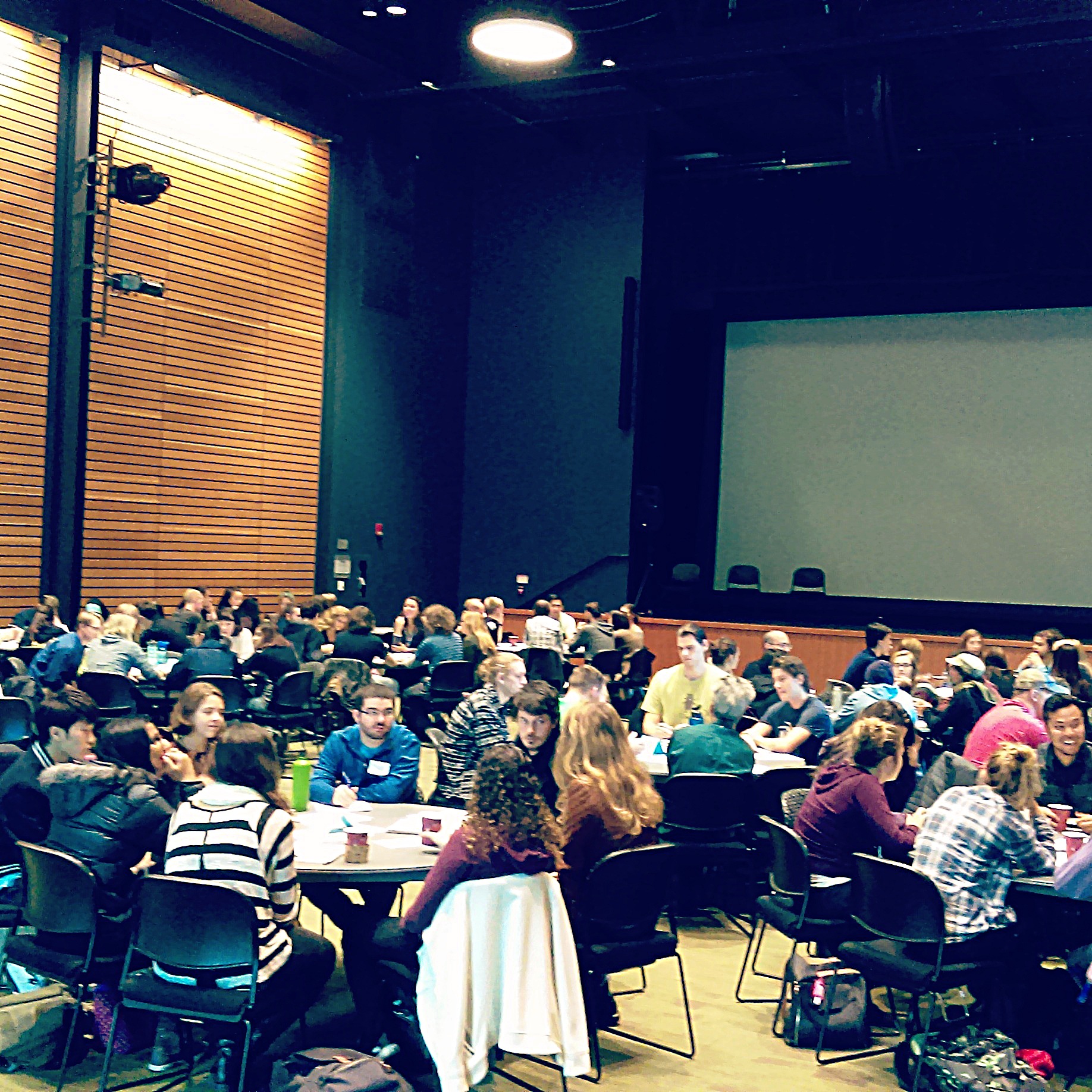 More than 160 students gather to discuss climate change in Mobius Hall at Cascadia Collage in Bothell. Contributed photo