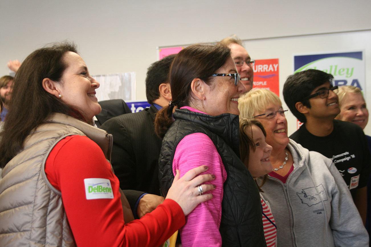 Shelley Kloba, Suzan DelBene and Patty Murray pose for a picture with volunteers at the Northshore Education Association office in Bothell on Nov. 8. CATHERINE KRUMMEY / Bothell Reporter