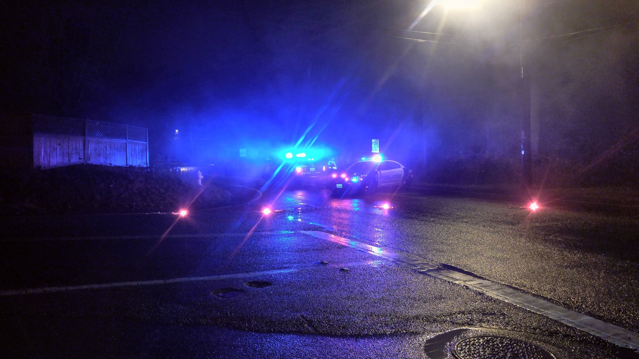 The Kirkland Police Department closed parts of Juanita Drive early Friday morning after a car drove off the road and struck a power pole. Matt Phelps/Kirkland Reporter