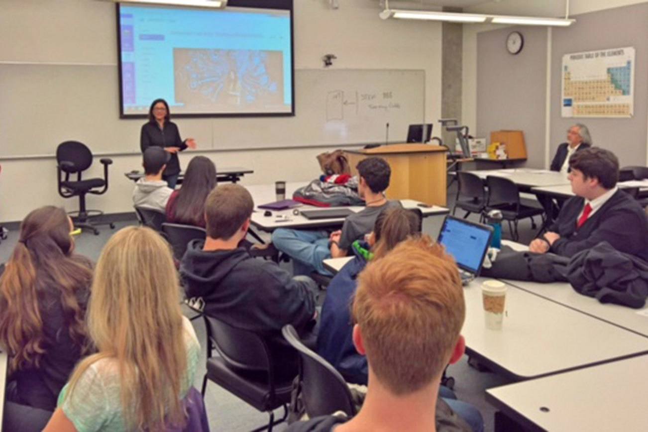 Congresswoman Suzan DelBene talks with students at Cascadia College in Bothell. Contributed photo