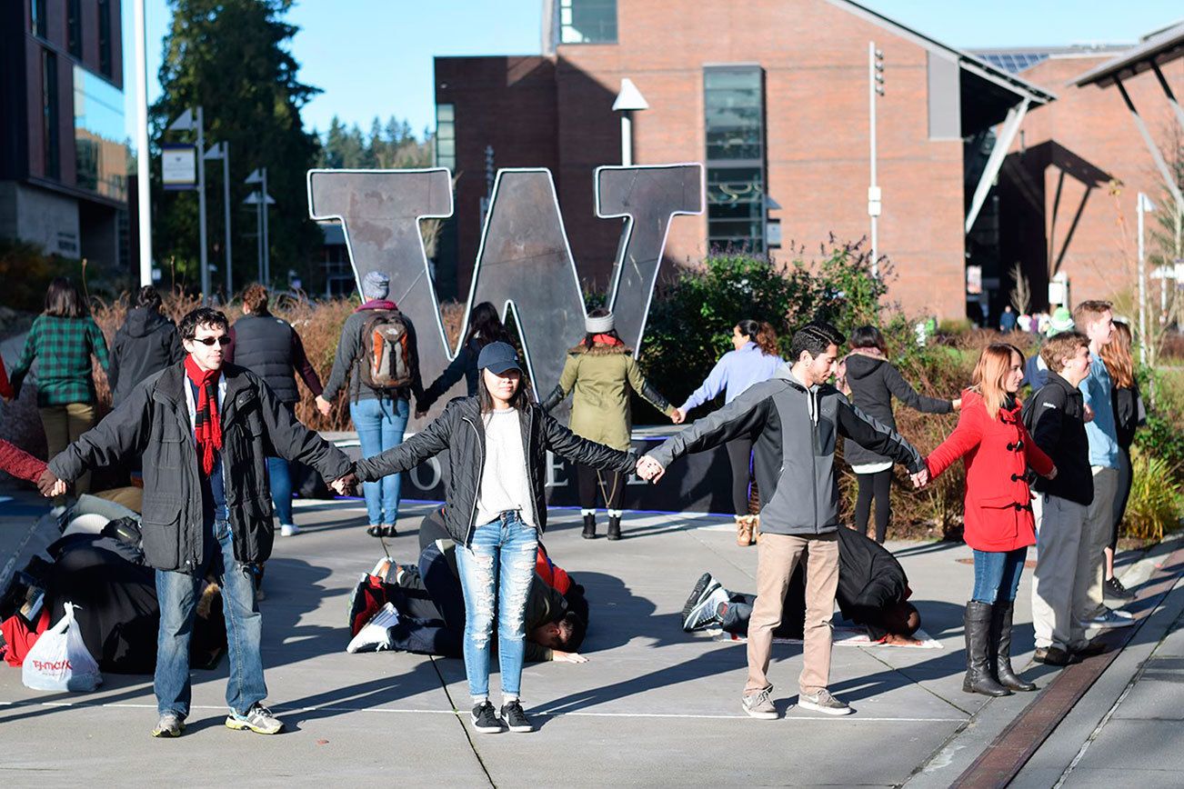 University of Washington Bothell students collaborate on a video project for their “Arts in Context: Contemporary Muslim Artists” course. IVAN CHUNG / Contributed photo