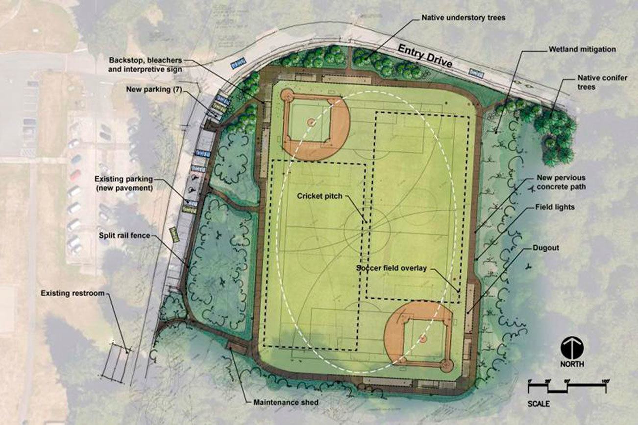 A rendering shows the City of Kenmore’s proposed renovations to the ballfield at St. Edward State Park. City of Kenmore / Submitted art