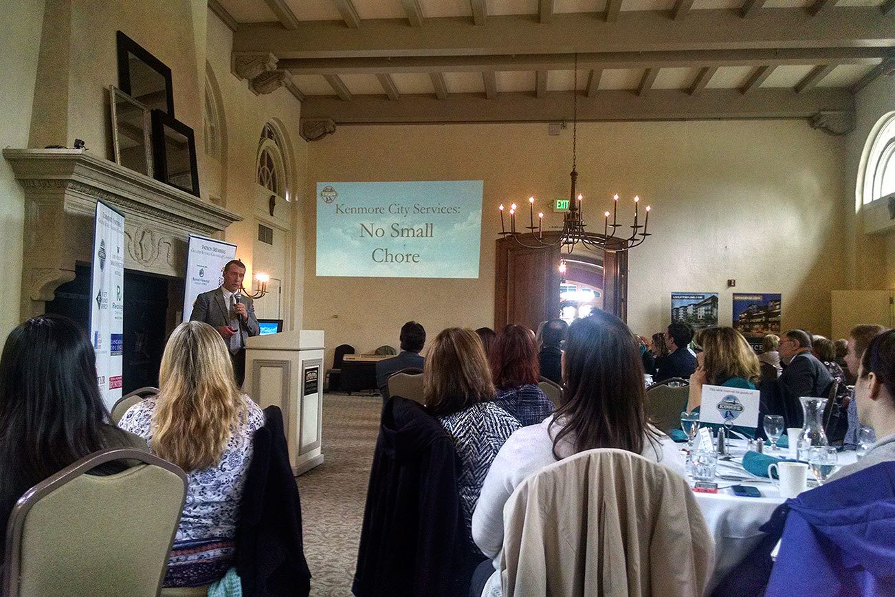 City Manager Rob Karlinsey delivers the State of the City of Kenmore address at a Jan. 18 Greater Bothell Chamber of Commerce luncheon at Inglewood Golf Club. CATHERINE KRUMMEY/Kenmore Reporter