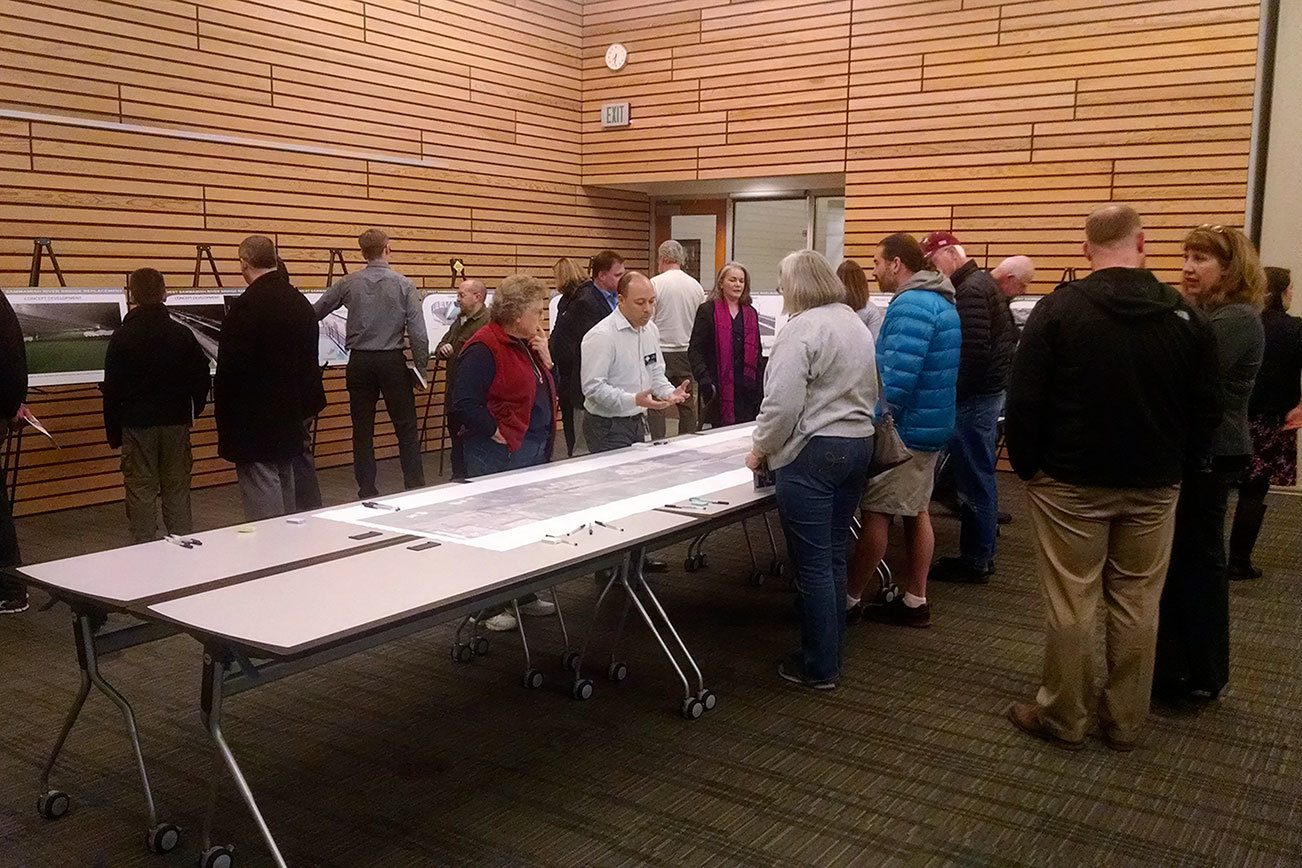 Kenmore residents attend an open house for the West Sammamish River Bridge replacement project on Jan. 26 at Kenmore City Hall. CATHERINE KRUMMEY/Kenmore Reporter