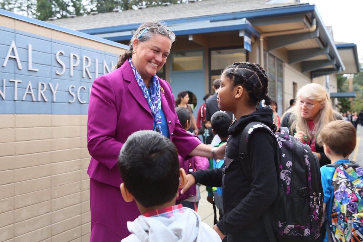 Northshore School District Superintendent Dr. Michelle Reid greats students on the first day of school at Crystal Springs Elementary in Bothell. NSD/Courtesy photo