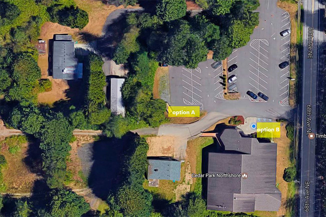 The Kenmore Community Market will be located in the Cedar Park Northshore Church parking lot closest to 68th Avenue NE, as shown in this aerial view provided by the church. Contributed art