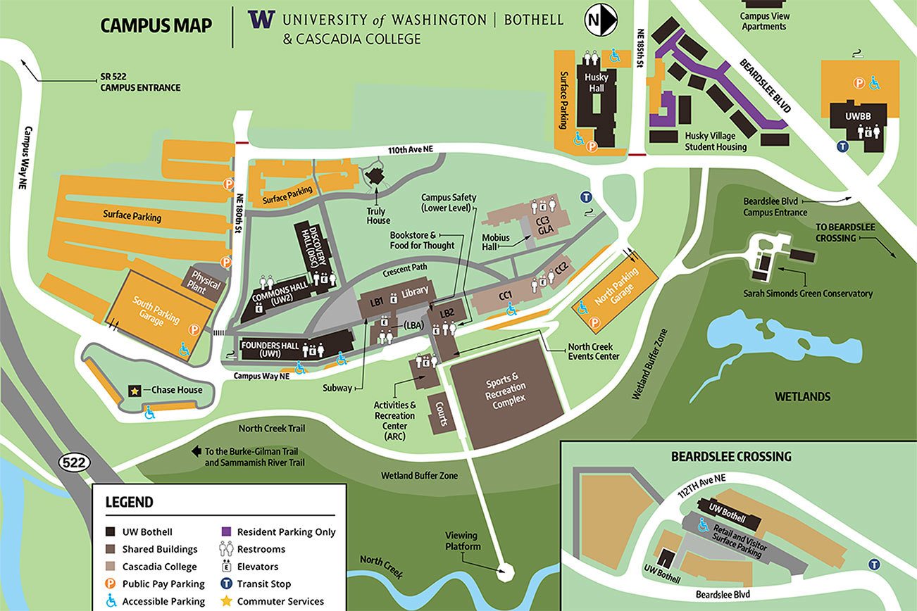 The University of Washington Bothell and Cascadia College map shows the current status of the campus. The schools are working together to determine how to accommodate more academic space, residential space and parking as part of a new campus master plan. Contributed art