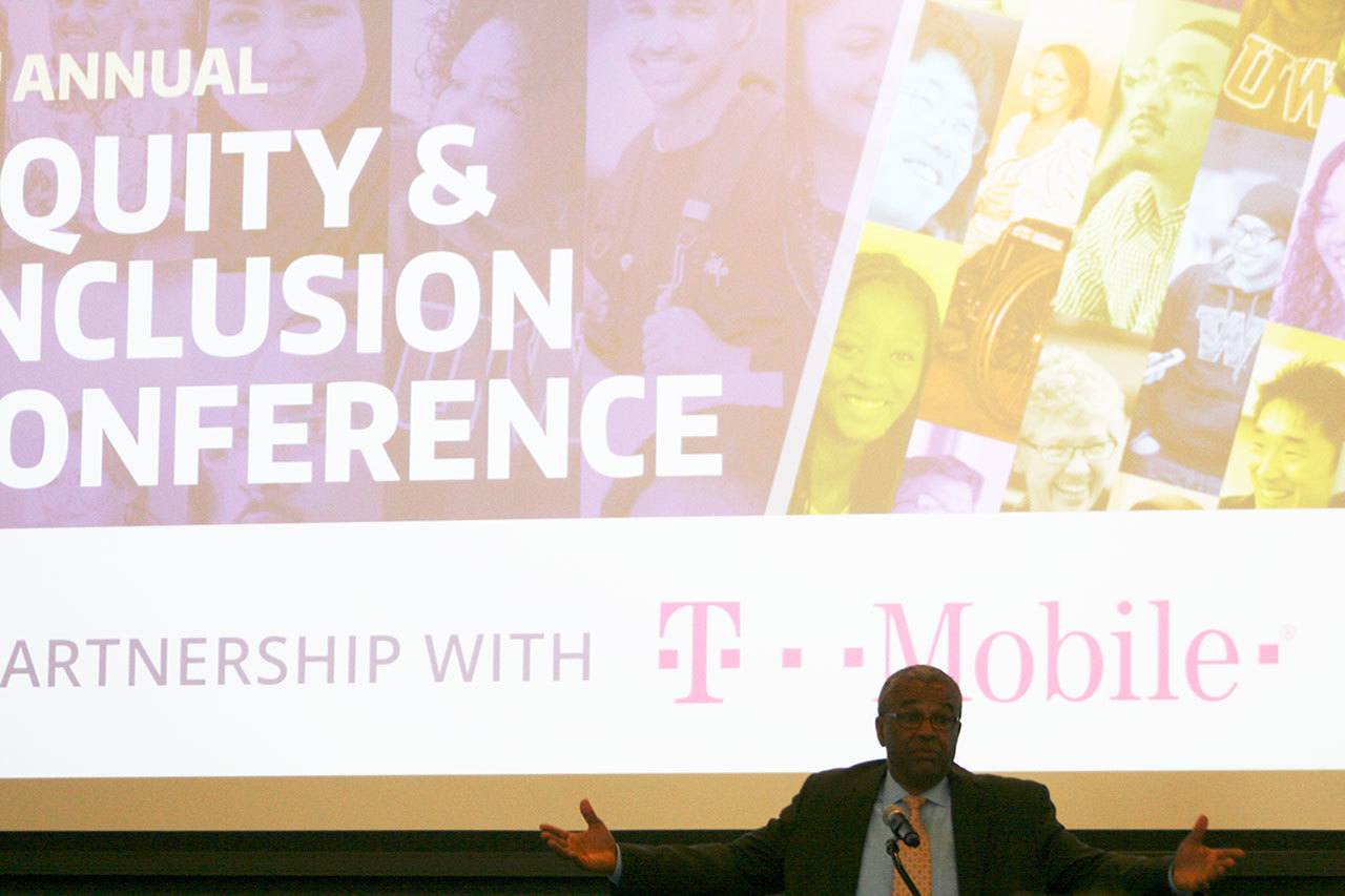 Former King County Executive Ron Sims delivers the keynote address at University of Washington Bothell’s Equity and Inclusivity Conference. CATHERINE KRUMMEY/Bothell Reporter