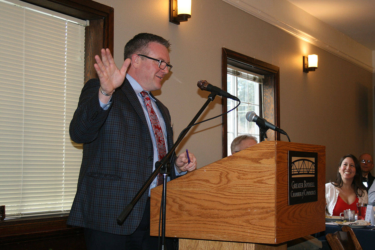 Bothell Mayor Andy Rheaume delivers the State of the City address. CATHERINE KRUMMEY/Bothell Reporter