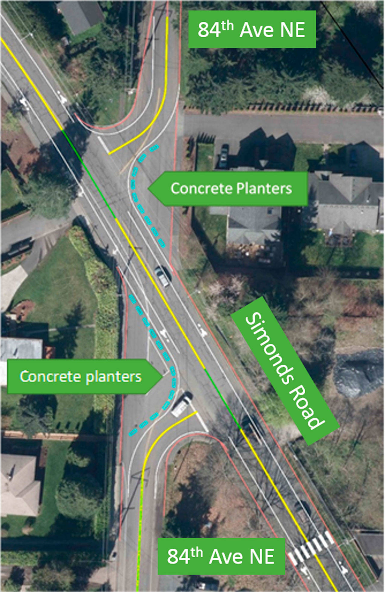 A map shows the planned changes at the intersection of Simonds Road and 84th Avenue NE. City of Kenmore/Submitted art