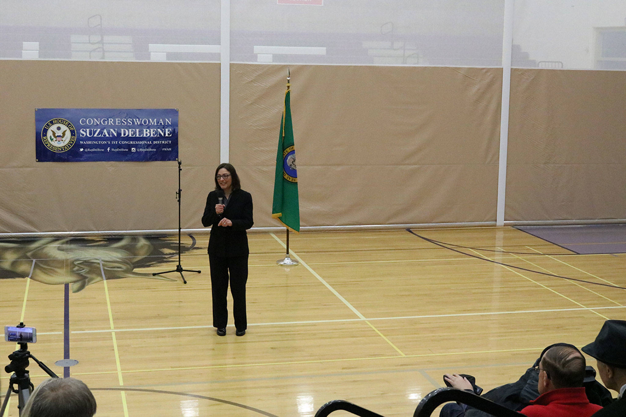 Congresswoman Suzan DelBene fields questions from the audience during a town hall event at Lake Washington High School in Kirkland. CATHERINE KRUMMEY / Kirkland Reporter