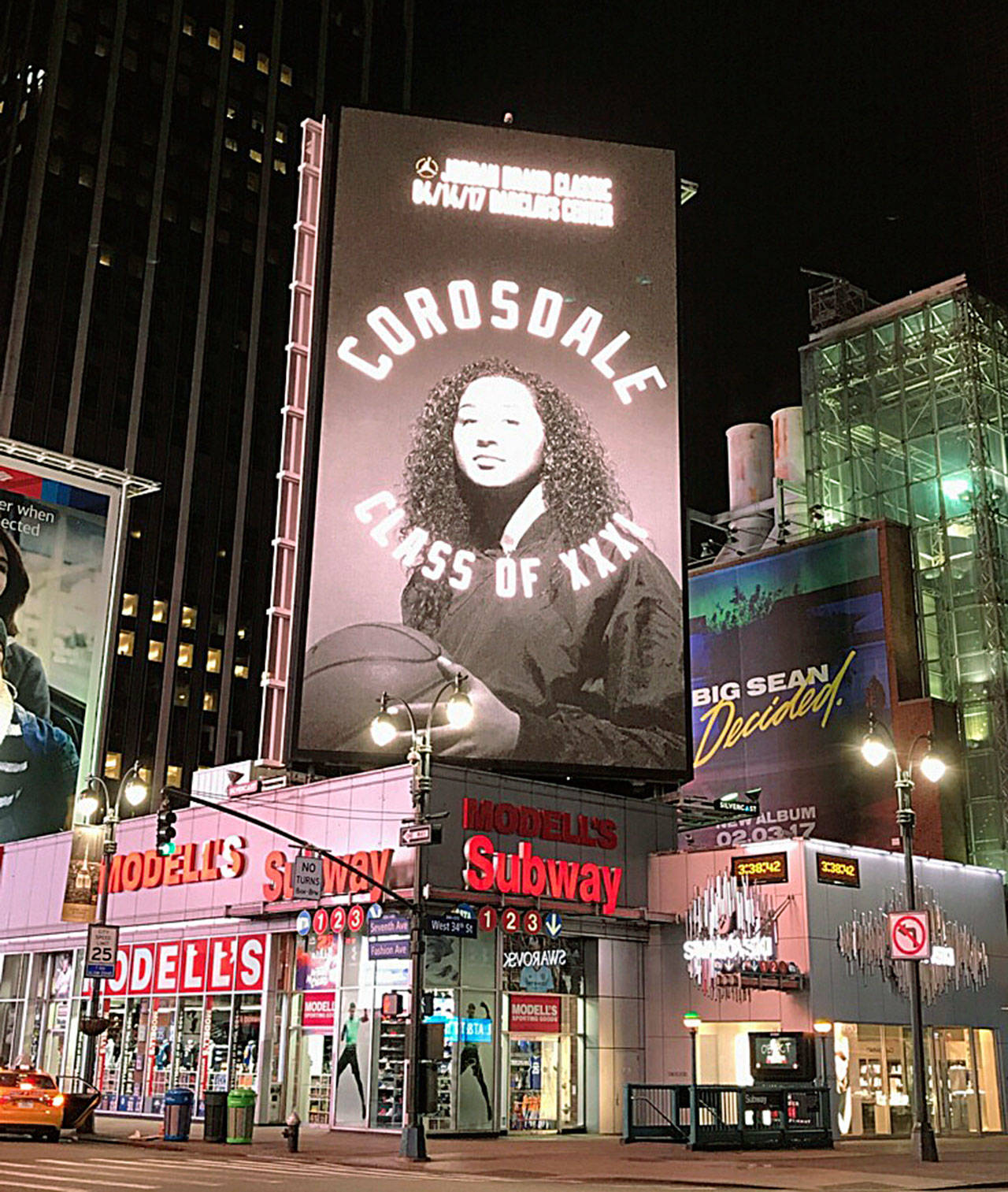 Bothell High senior Taya Corosdale was featured on the big screen in New York’s Times Square last weekend. Corosdale, who is committed to play basketball for Oregon next year, was in New York playing at the Jordan Brand Classic all-star game on April 14 (contributed photo).
