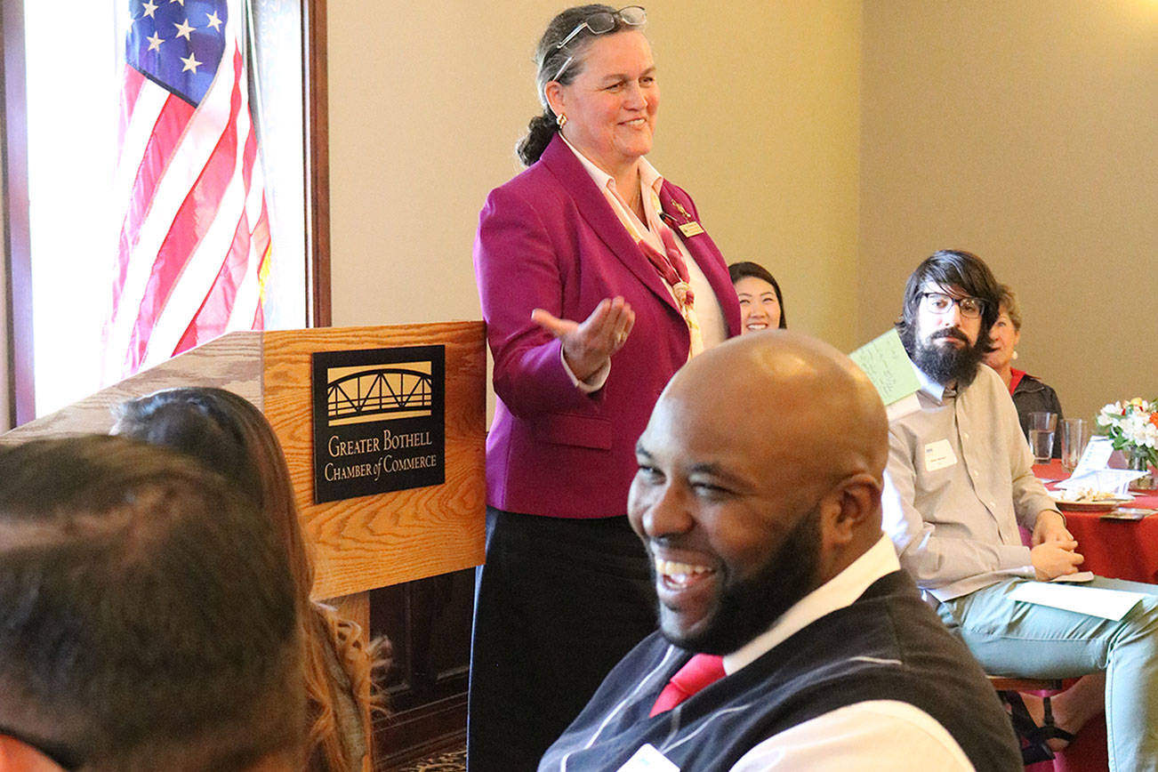 Northshore School District Superintendent Dr. Michelle Reid speaks at a Greater Bothell Chamber of Commerce luncheon. SAMANTHA PAK, Bothell Reporter