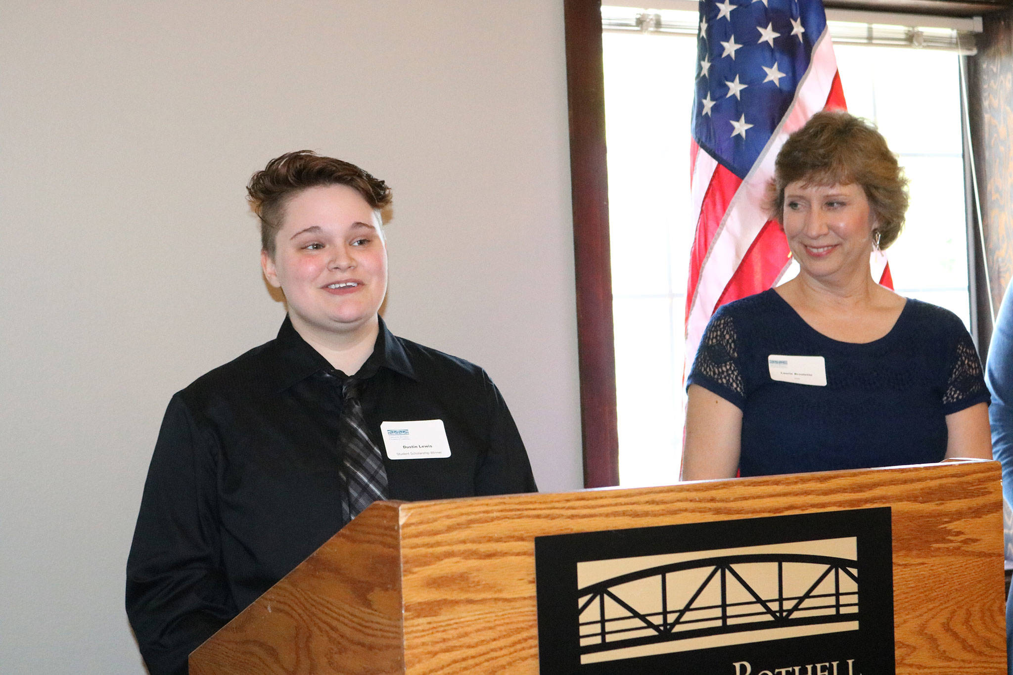 Secondary Academy for Success (SAS) student Dustin Lewis speaks after receiving this year’s Greater Bothell Chamber of Commerce scholarship. SAS counselor Laurie Broulette is at his side. SAMANTHA PAK, Bothell Reporter