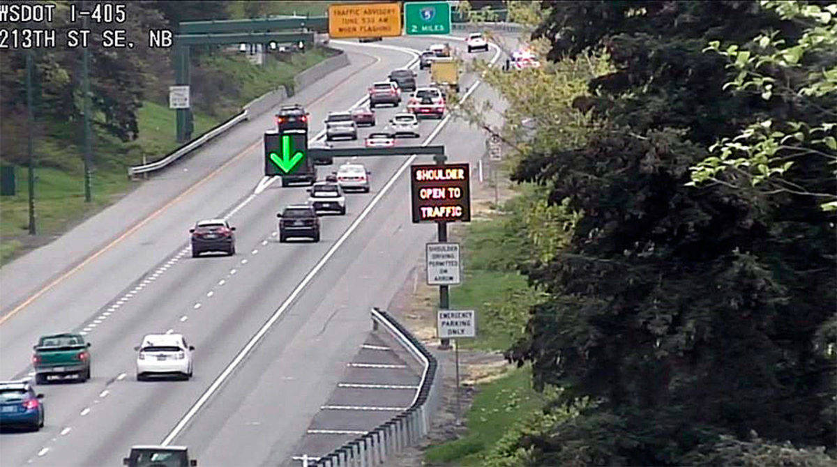 This screen capture from a Washington State Department of Transportation traffic camera shows a new shoulder lane open for the evening commute northbound I-405 through Canyon Park. (WSDOT photo)