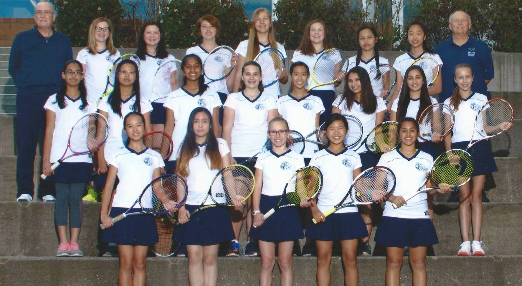 The Northshore Titans Junior High girls tennis team won the district title while notching its third consecutive 10-0 season. Pictured, left to right: first row, Margaret He, Indra Newland, Jessica McGee Lundberg, Alyssa Chinn and Esha Thakur; second row, Harshim Iyer, Claire Li, Sri Pitchapati, Meranda McCormick, Sammie Hong, Zeina Bahgat, Brooke Demerath and Kirsten Mackey; third row, coach Dan Martin, Ashley Egger, Vivianna White, Rebecca Murray, Abigail Ledsham, Olivia Metz, Sarah Vinson, Julie Ganbold and coach Gary Pilawski.                                Courtesy of Northwest Sports Photography