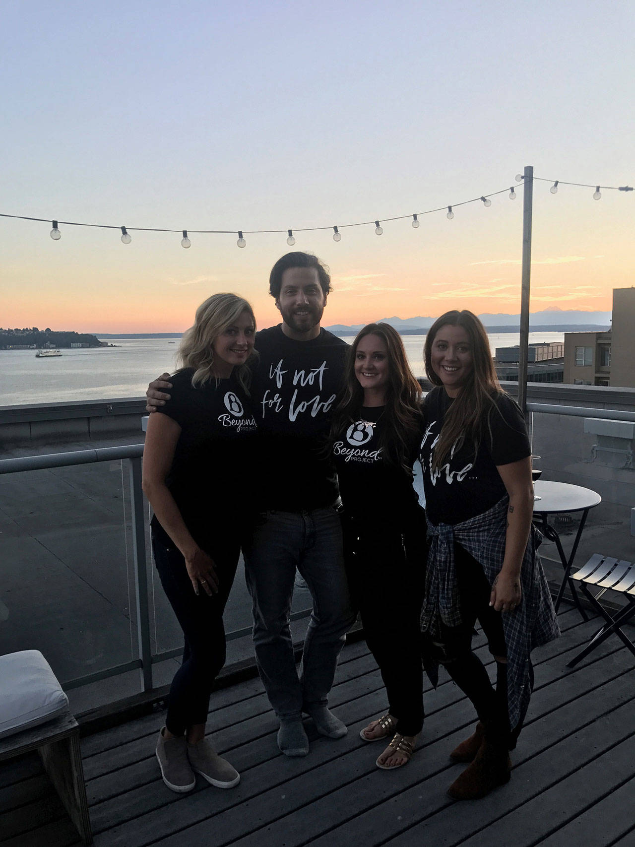 From left, Rachel Hile, Alec Cattarin, Jessica Dahl and Esther Filip during a video shoot for a fundraiser for a trip to Lebanon. The three women traveled to Syrian refugee camps in the country to distribute sweaters and teach women how to cut and style hair, while Cattarin filmed the video. Courtesy of Esther Filip