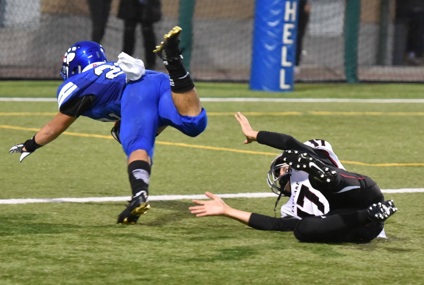 Bothell’s Christian Galvan dives into the end zone to complete his 98-yard kickoff return to begin last Saturday’s game. Courtesy of Greg Nelson