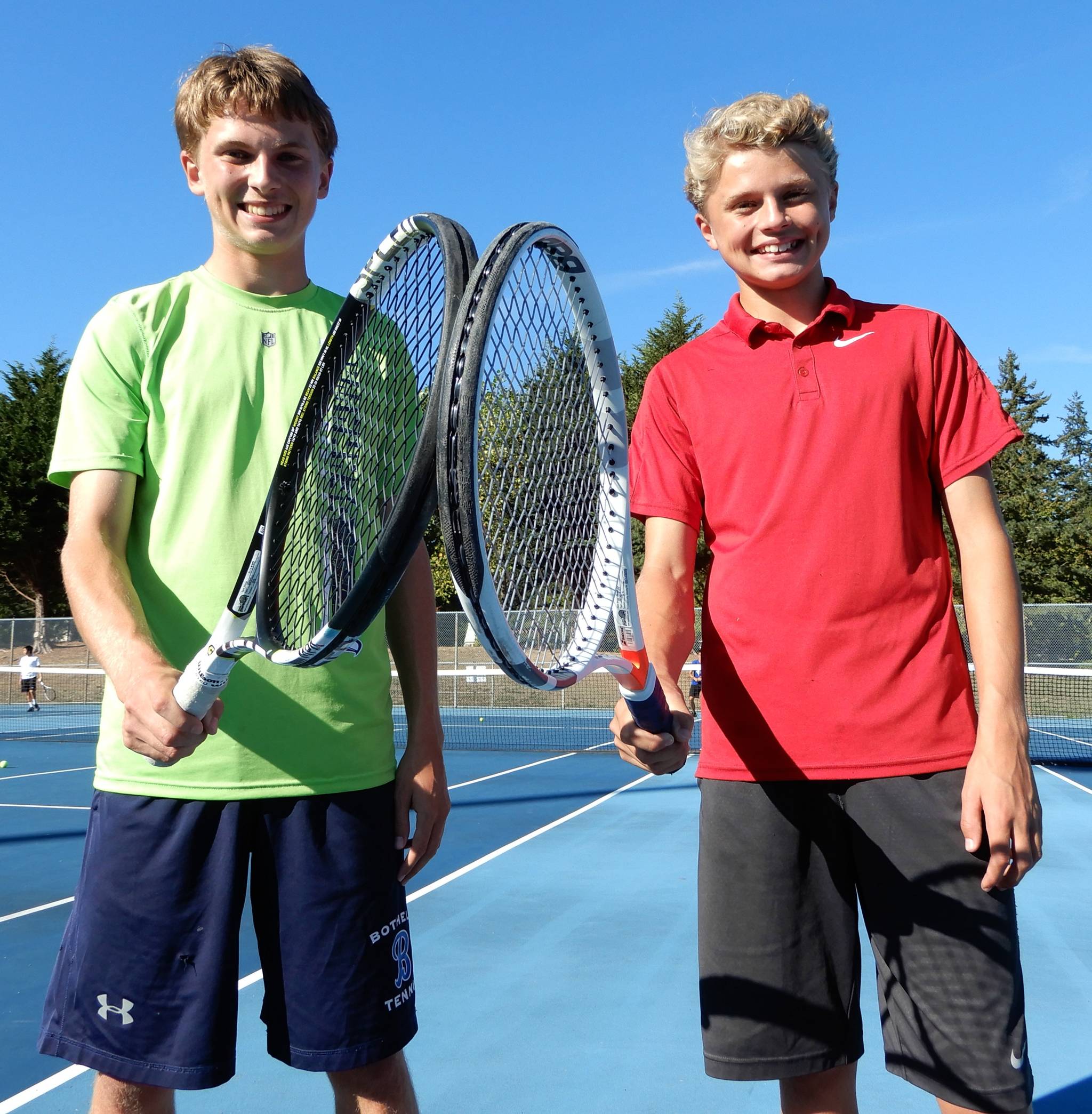 Senior Andrew, left, and freshman Johnny Schuller, Bothell High brothers and No. 1 doubles team. Andy Nystrom/Bothell-Kenmore Reporter