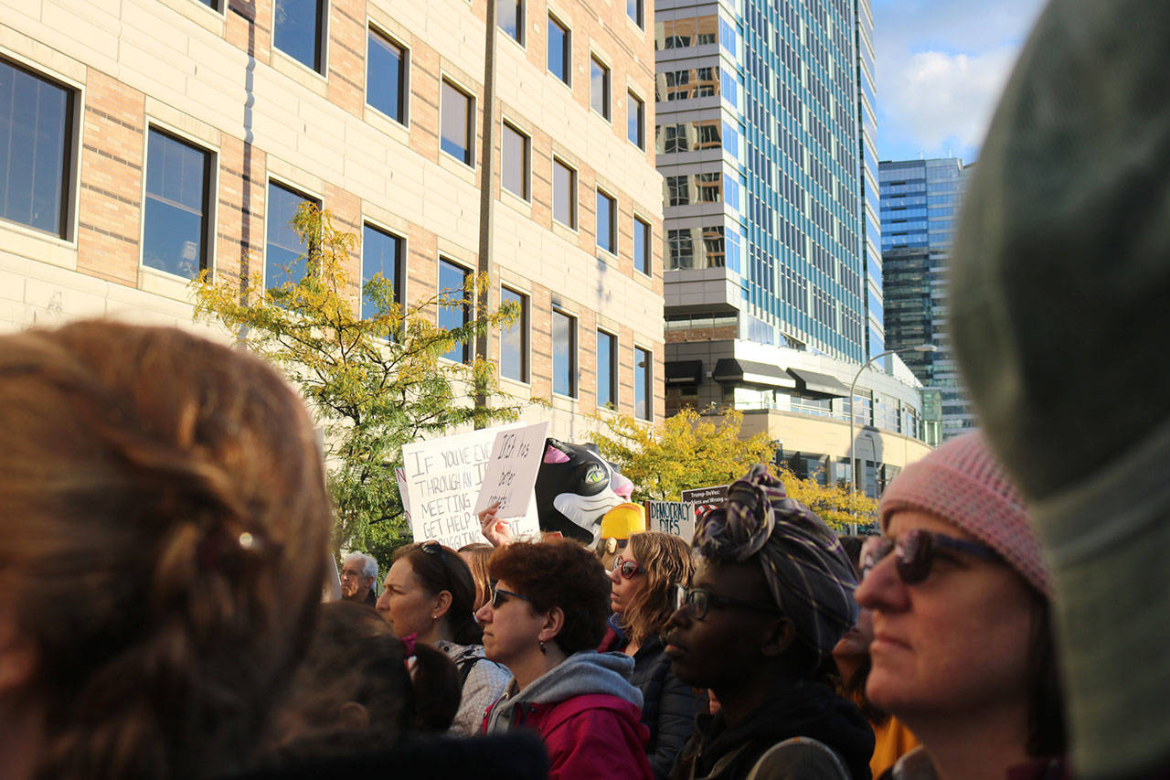 Protesters filled Bellevue Way outside the Hyatt during DeVos’ visit. Nicole Jennings/staff photo