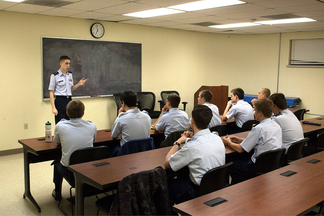 Northshore Composite Squadron cadets gather for their weekly meeting after a promotion ceremony.