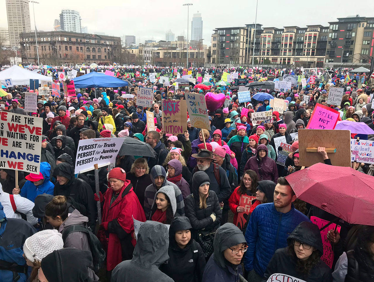 Despite the wet weather, this year’s Women’s March in Seattle still brought out a large crowd. Kailan Manandic, Kirkland Reporter