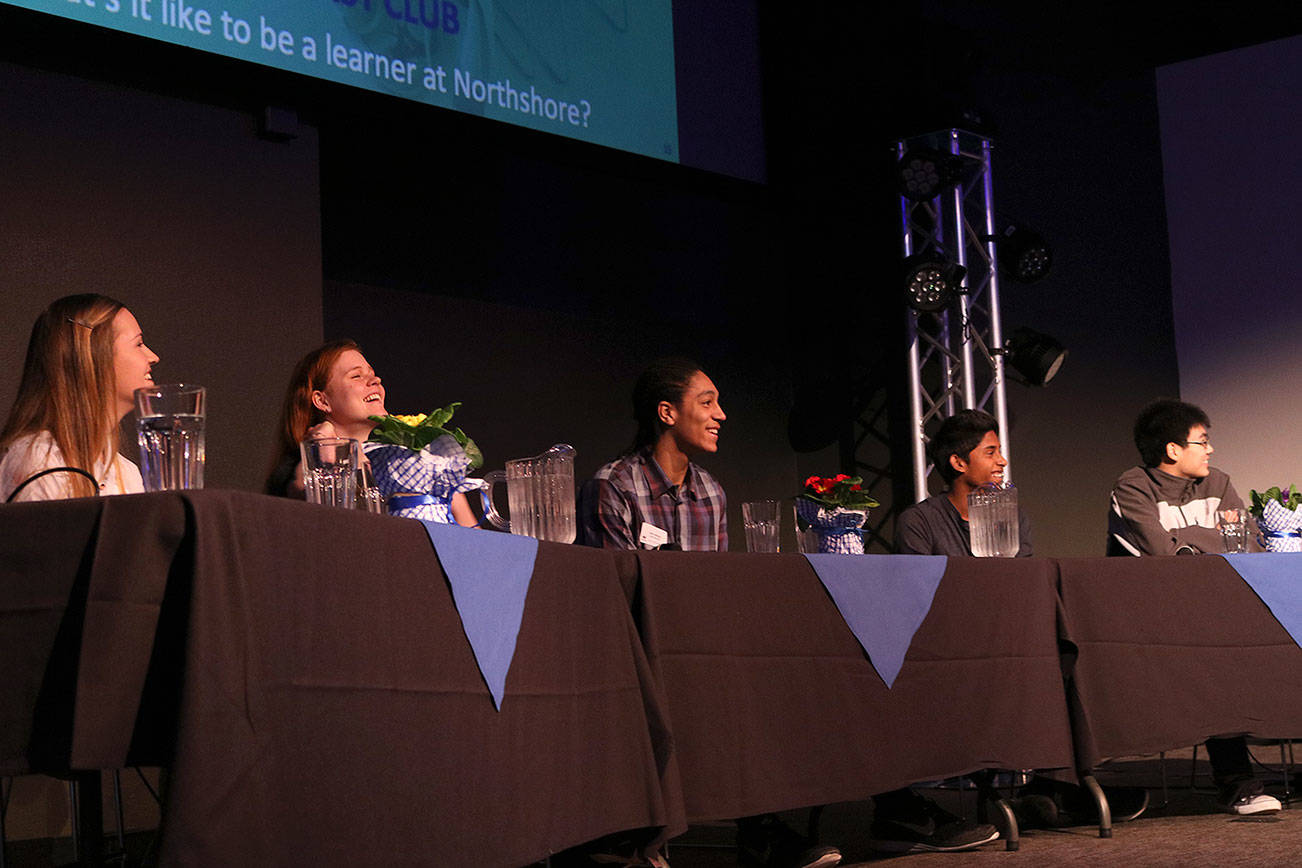 (Left to right) Audrey Tacey, Megan Rogers, Leon Johnson, Esh Sathiyamoorthy and Alex Zhou represent Northshore School District high schoolers at the State of the Schools address. Kailan Manandic, Bothell/Kenmore Reporter
