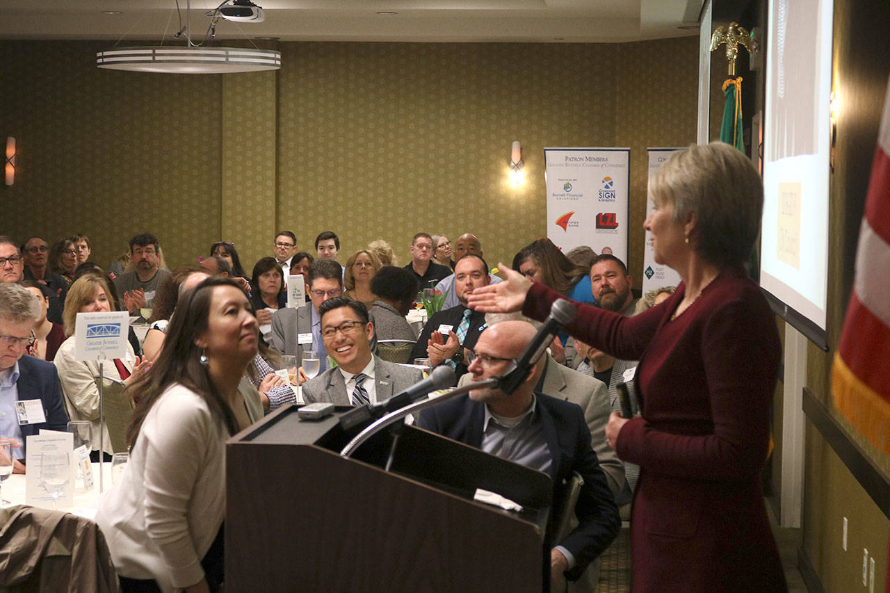 Bothell city manager Jennifer Phillips interacts with Bothell and Kenmore business owners as she gives the State of the City Address at a chamber luncheon. Kailan Manandic, Bothell/Kenmore Reporter