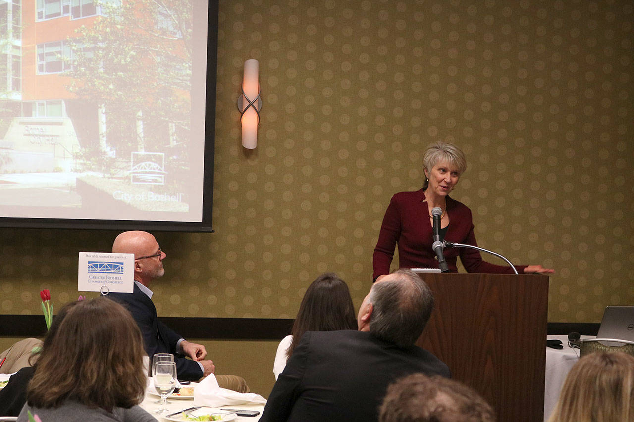 Bothell city manager Jennifer Phillips interacts with Bothell and Kenmore business owners as she gives the State of the City Address at a chamber luncheon. Kailan Manandic, Bothell/Kenmore Reporter