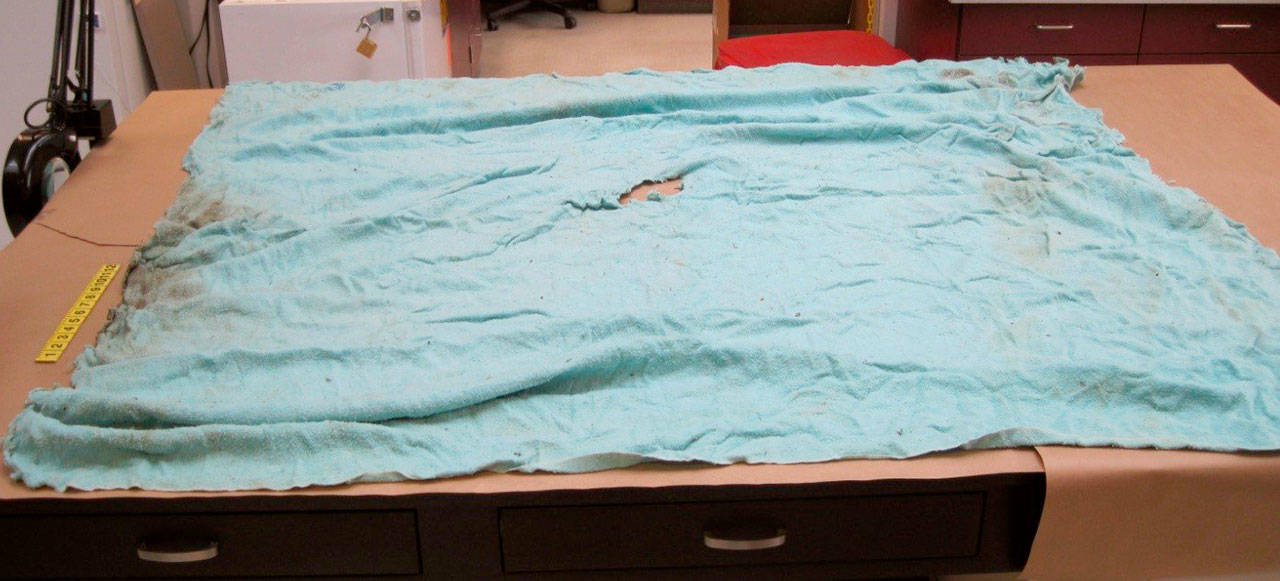 Jay Cook’s body was wrapped in this blanket, investigators say, and they hope someone will recognize it. It did not belong to Cook or his girlfriend, Tanya Van Cuylenborg, and their families do not recognize it. (Snohomish County Sheriff’s Office)