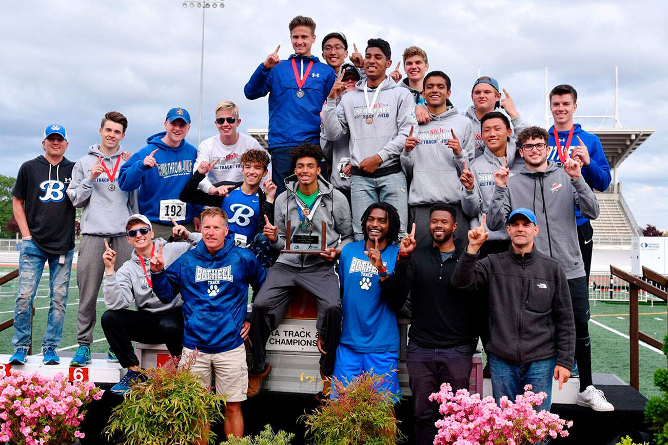 The Bothell Cougars boys track and field team finished with a total of 37 team points at the Class 4A state track meet on May 26 at Mount Tahoma High School in Tacoma. Bothell, Camas, Chiawana and Issaquah all tied for first place with the same exact amount of points, sharing the title amongst the four track programs.                                Photo courtesy of Greg Nelson