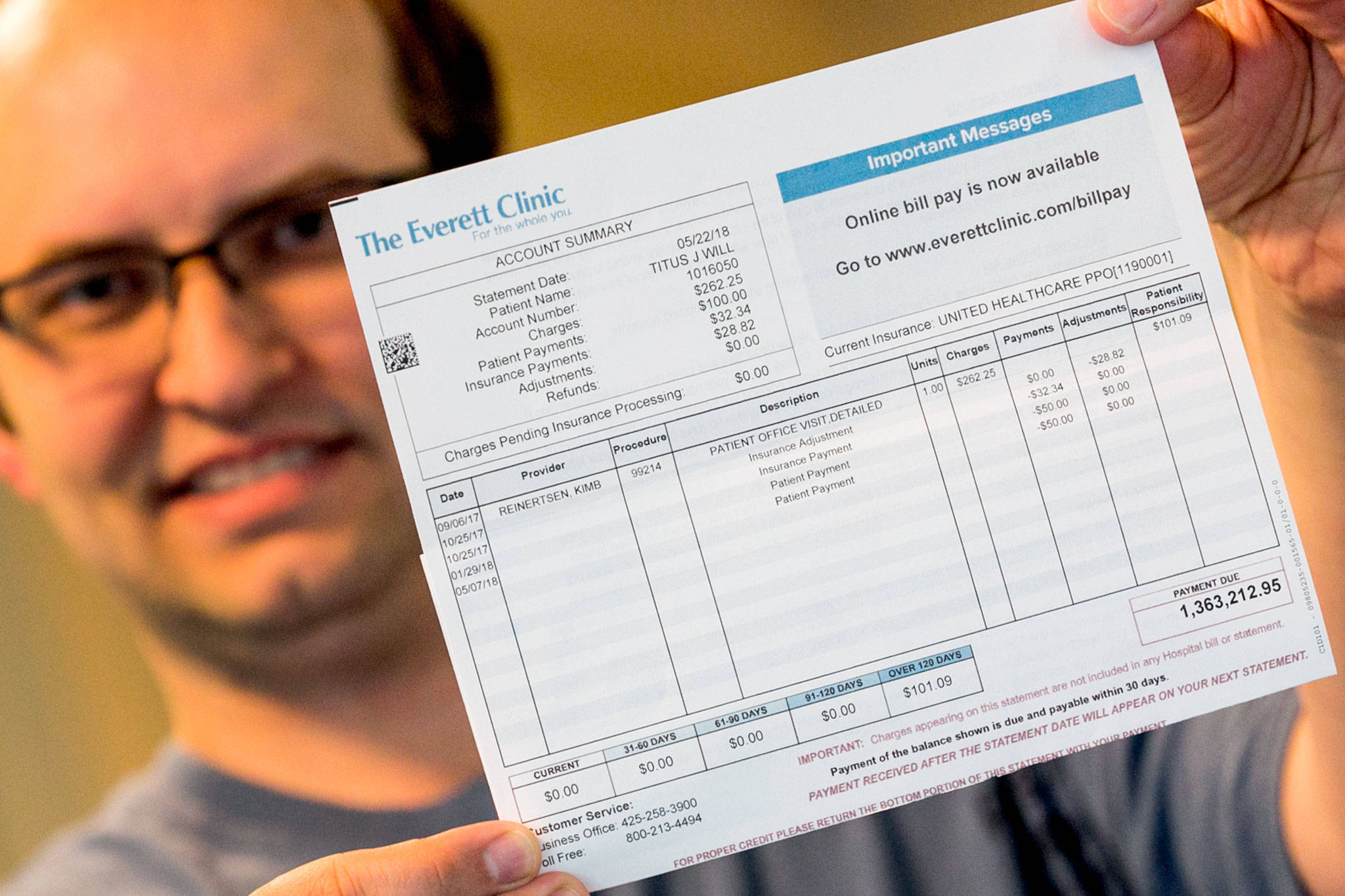 Titus Will of Snohomish received a bill from The Everett Clinic for $1.36 million for a visit to a walk-in clinic. Other Everett Clinic patients also received bills with miscalculated balances, which were corrected. (Kevin Clark / The Herald)