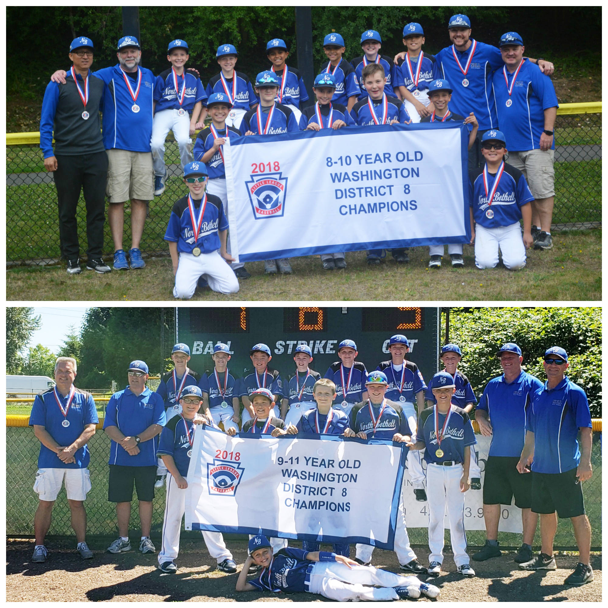 The 8/9/10 North Bothell Little League baseball all-star team (top) won its District 8 tournament on July 1 and played in the state tournament at Lyndale Park in Lynnwood. The 9/10/11 NBLL baseball all-star team won its District 8 baseball tournament on July 7 and competed in the state tournament in SeaTac. Both state tourneys took place after the Reporter’s deadline.                                The 8-10s are: Nathan Hunter, Ethan Inocencio, Caden Jackson, Aidan Kim, Chase Kline, Brody Madsen, Obie McCormick, Eric Muchinsky, Ben Ojeda, Daniel Ojeda, Nathan Ramcharan, Ethan Swallom and Cam Wallace. Coaches: Kyle Swallom, Jimmy Madsen, Adam Hunter and Ben Kim.                                The 9-11s are: Cayden Christopherson, Jack Cochran, Zach Daniel, Aksel Keim, Nolan LeDoux, Cole McCourt, Brady Miller, Kody Moyer, Jayden Salman, Blake Skinner, Ethan Wiley, Dominic Wilson and Jacob Zbiegien. Coaches: Danny Keim, Mark Ryder and Craig Lohr.                                Courtesy photos
