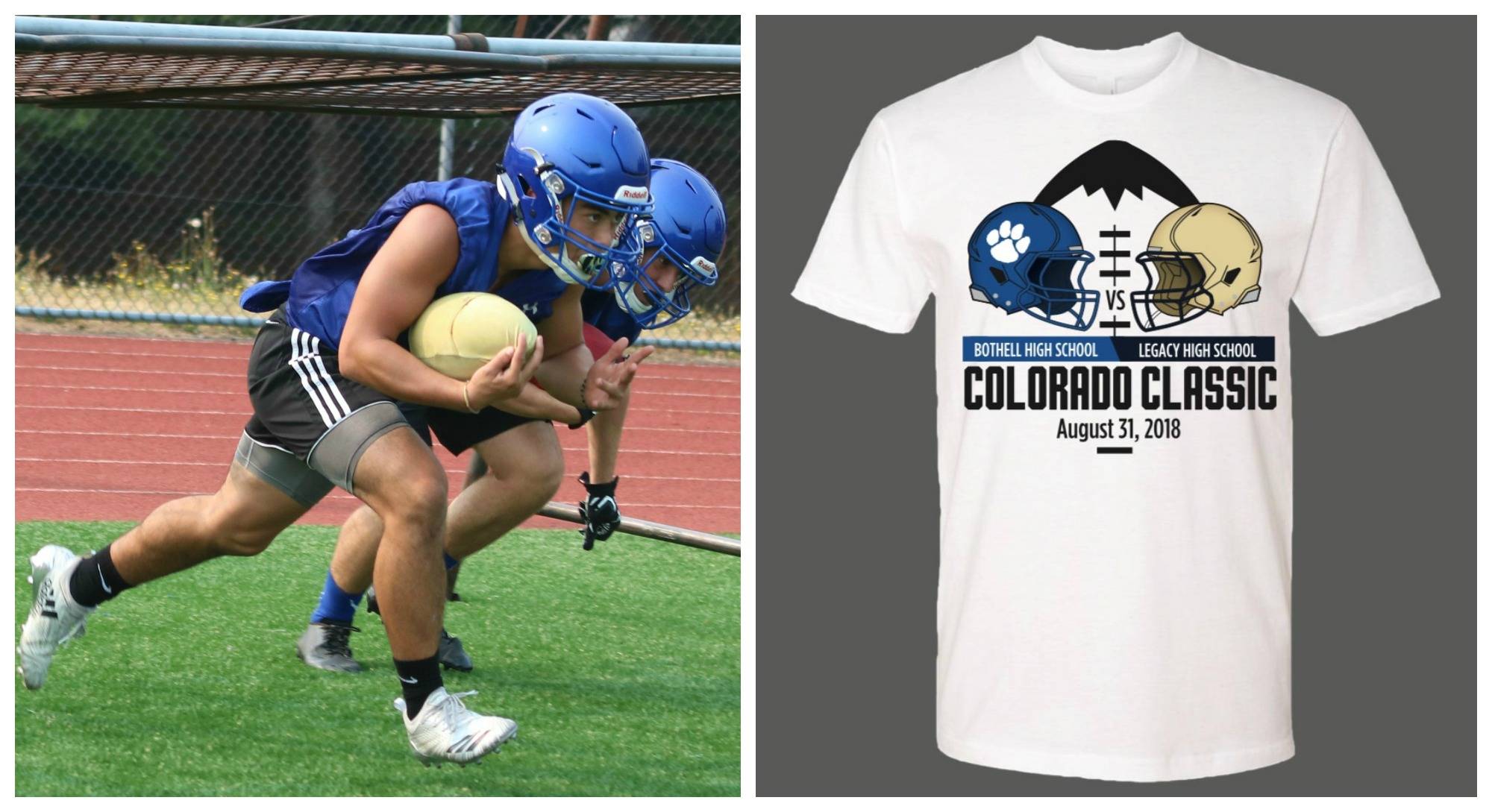 Bothell’s Christian Galvan and Ryan Metz practice running drills on Aug. 15. (Andy Nystrom/ staff photo) At right is the Colorado Classic T-shirt. (Courtesy photo)