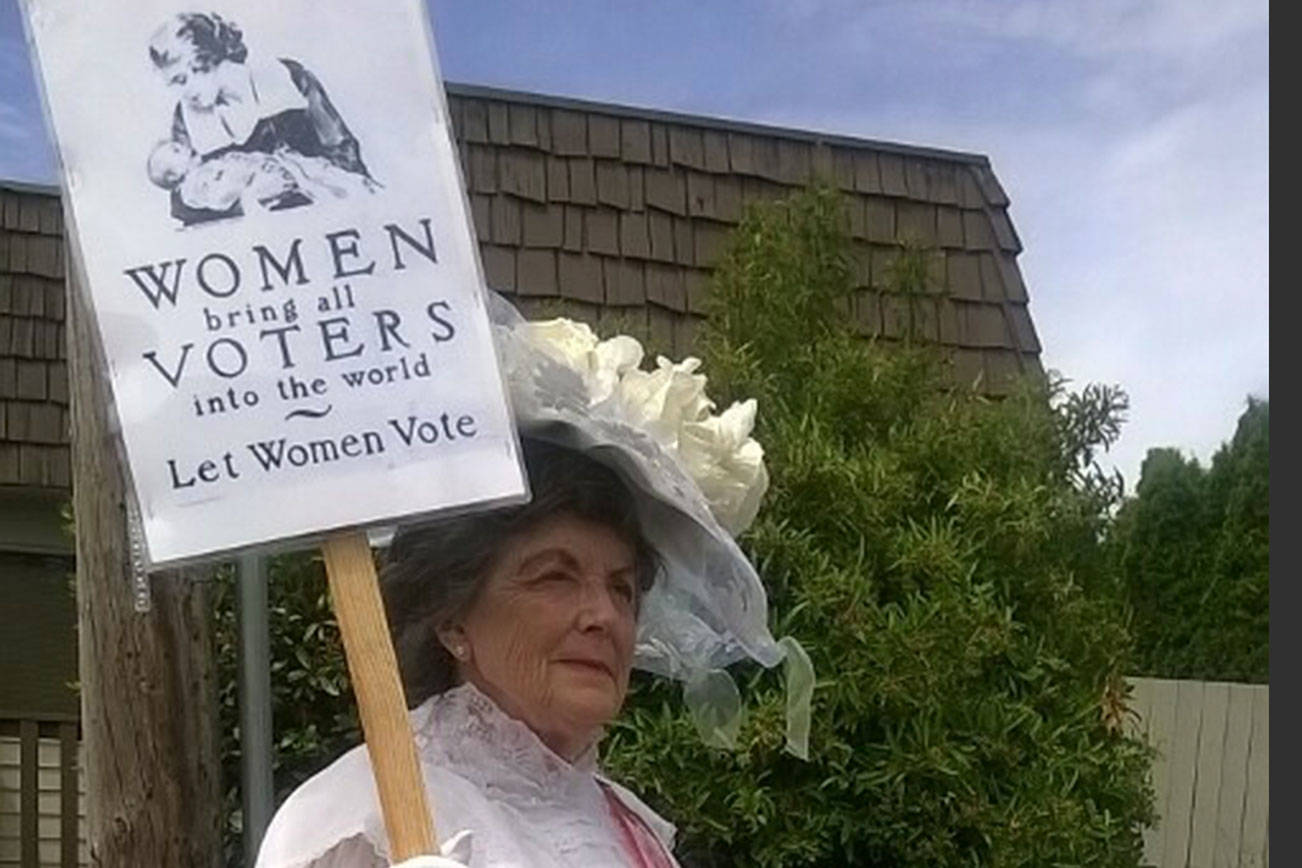 Sharon Rickets dresses as a 1920’s suffragette to honor the women who fought for the right to vote. Courtesy of the Bothell Historical Museum