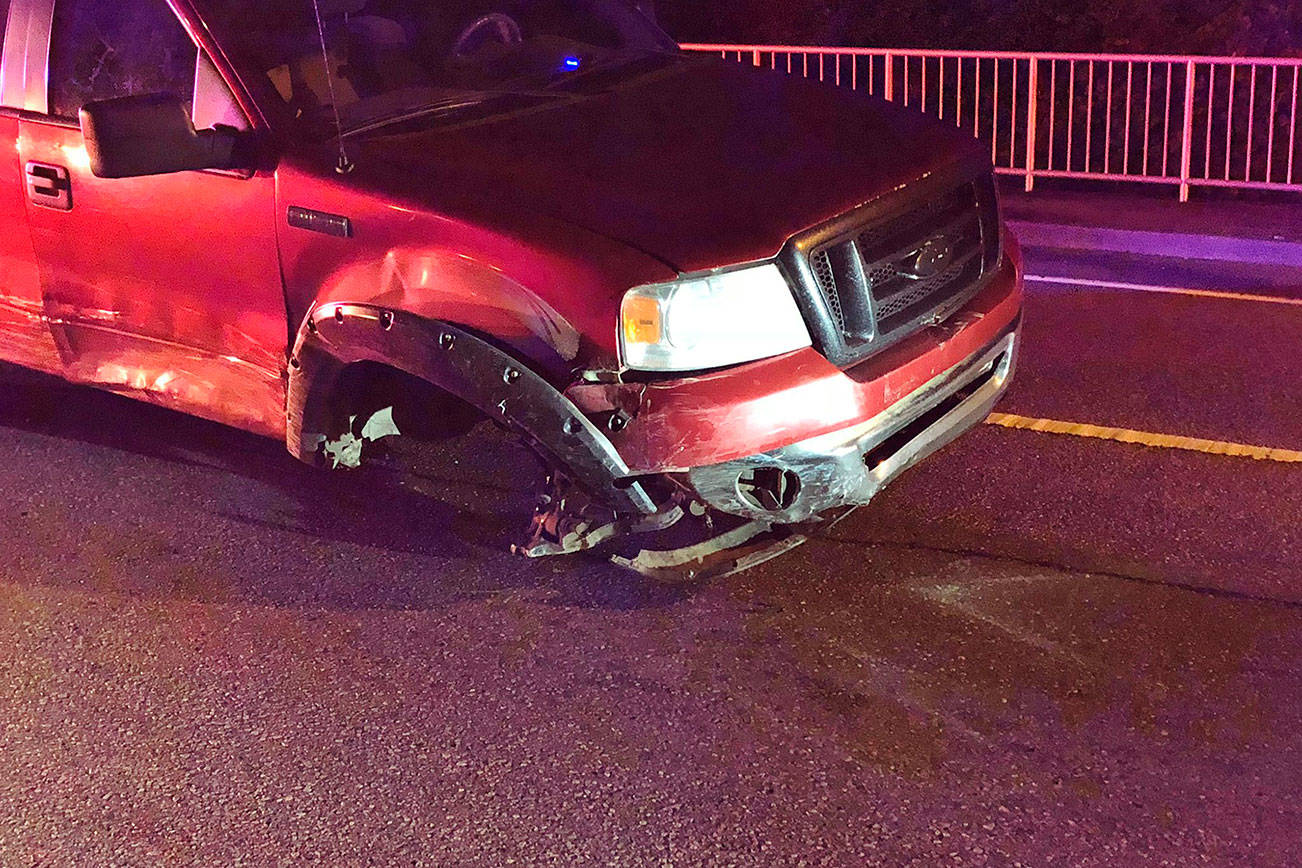 The suspect’s vehicle lost an entire wheel and broke a rear axle while ramming through three vehicles. Photo courtesy of the Bothell Police Department