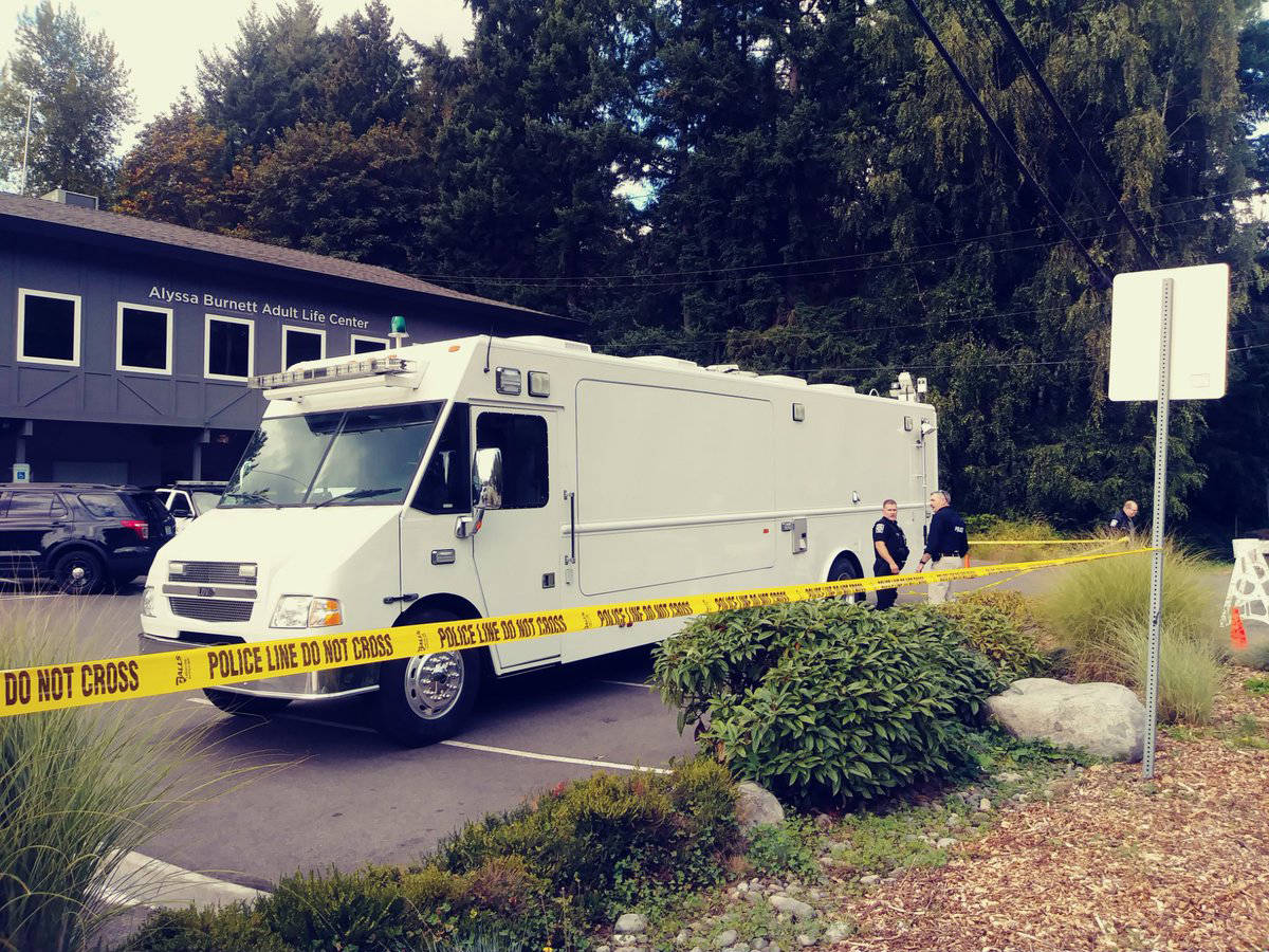 A Bothell police mobile command center was brought in for the barricade situation in downtown Bothell. Aaron Kunkler/staff photo