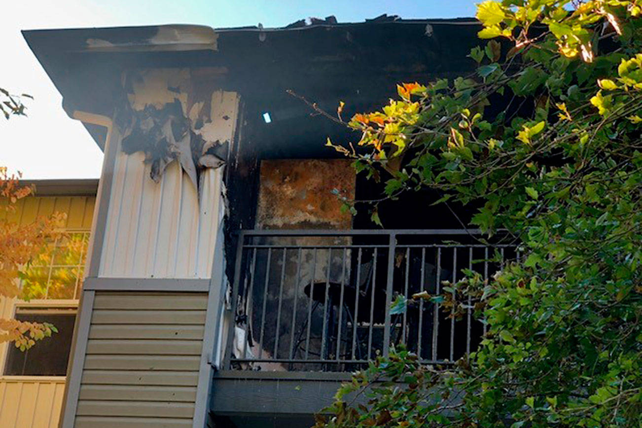 The source of the fire was combustible material on the third-story balcony. Investigators could not determine a heat source. Photo courtesy of the Bothell Fire Department