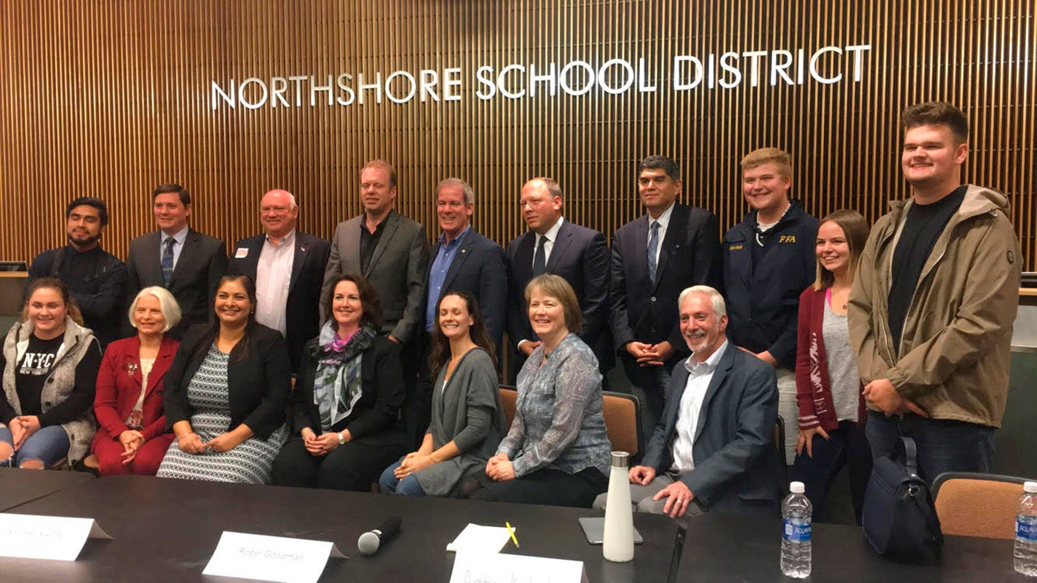 Candidates from the 1st, 45th and 46th districts pose with local college students after a voters’ forum sponsored by the Northshore Council PTSA. Katie Metzger/staff photo